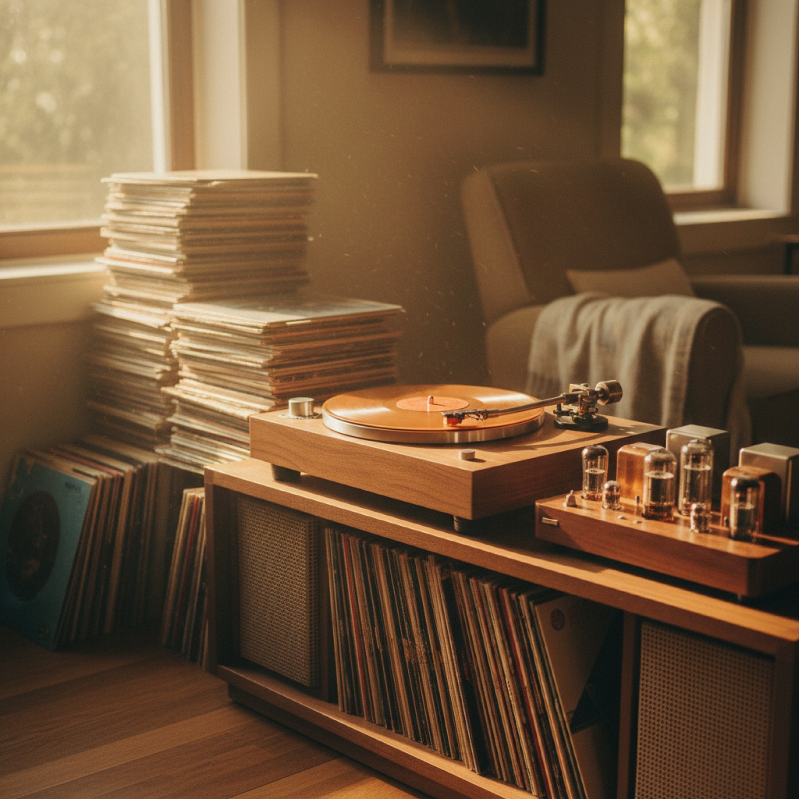 Disques et platine dans une pièce ensoleillée